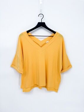 The Zigzag Stripe Double V-Neck Ribbed Dolman Top Yellow Small